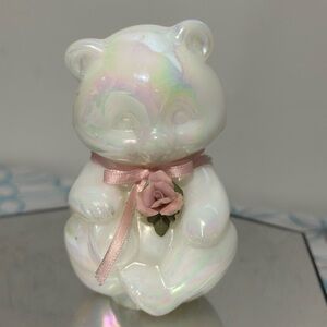 Fenton Iridescent Bear Figurine with Pink Rose